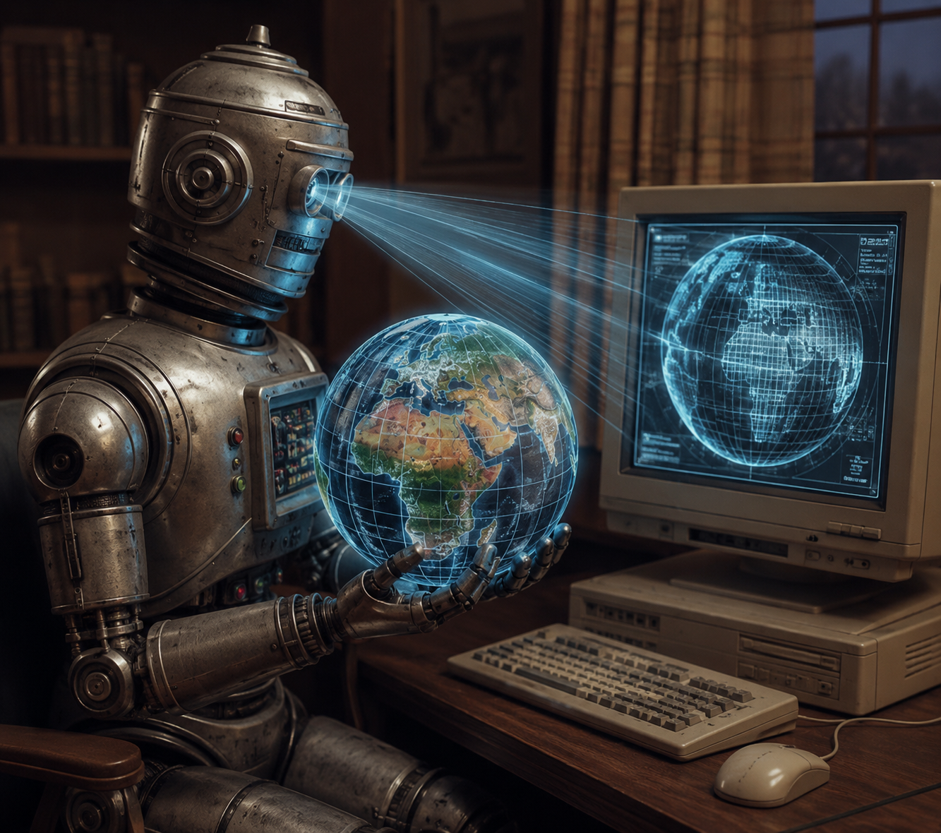 A retro robot beams the live web onto a vintage computer screen.
